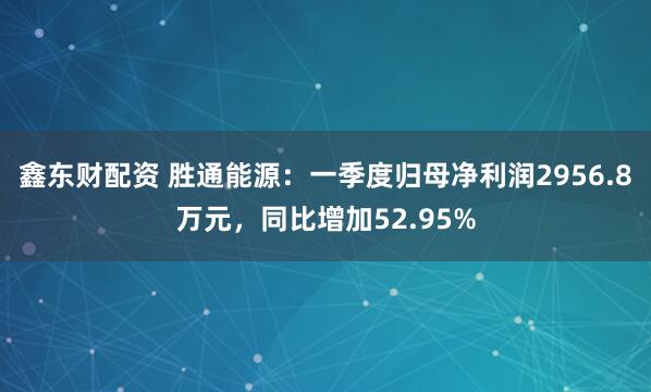 鑫东财配资 胜通能源：一季度归母净利润2956.8万元，同比增加52.95%